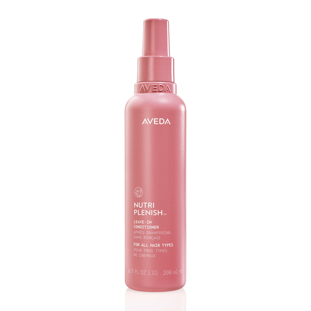 Aveda Nutriplenish frontal del envase mostrando diseño y spray para fácil aplicación