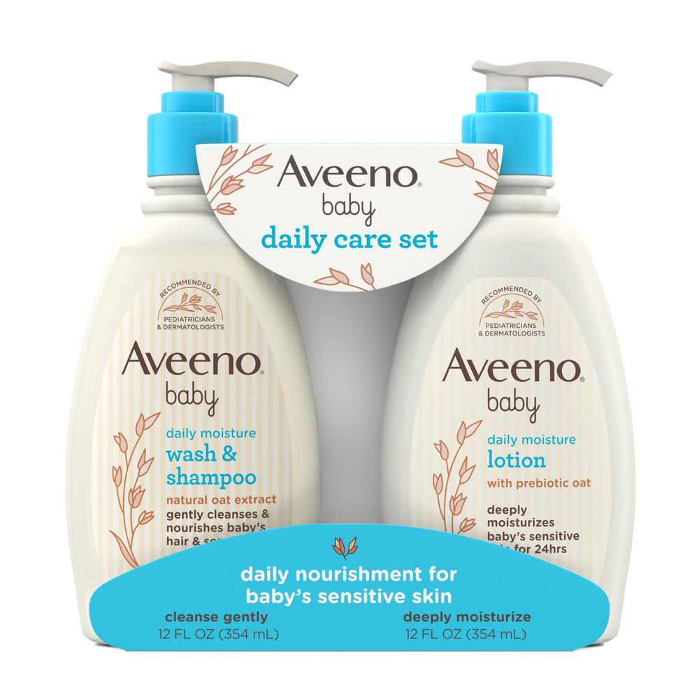 Aveeno Baby frente del pack con dos botellas, práctico para regalo