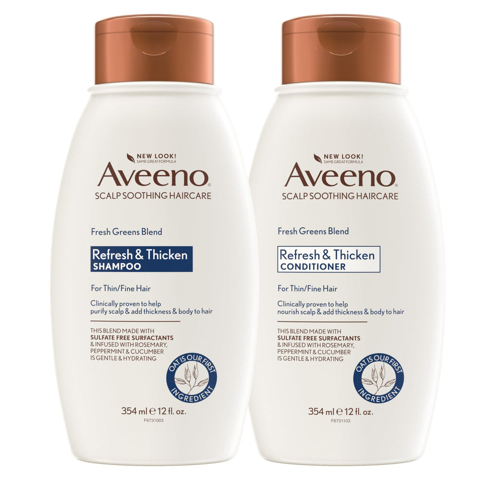 Aveeno frontal del empaque del set mostrando botellas dobles y beneficio de volumen