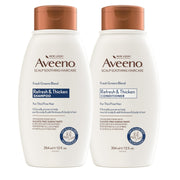 Aveeno frontal del empaque del set mostrando botellas dobles y beneficio de volumen
