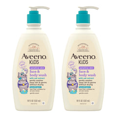 Aveeno Kids pack frontal mostrando botellas y beneficio limpieza suave