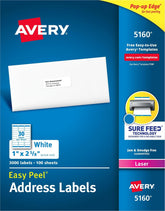 Avery 5160 front packaging showing 100 sheets and 3,000 labels for bulk mailing