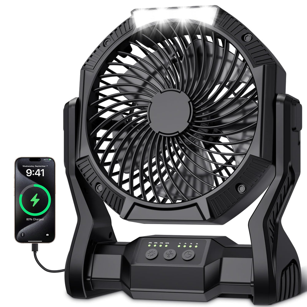 aynvixt vista frontal del ventilador mostrando controles y linterna útil