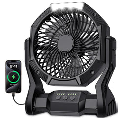 aynvixt vista frontal del ventilador mostrando controles y linterna útil