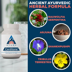 Ayush Herbs Carditone etiqueta con lista de ingredientes para transparencia