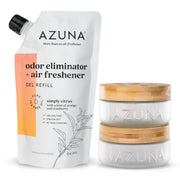 Azuna frontal kit dos habitaciones mostrando frascos y beneficio neutralización duradera