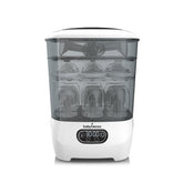 Baby Brezza sterilizer front angle showing compact design and large capacity benefit