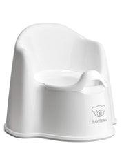 BabyBjörn potty chair front view showing white and gray design and stability