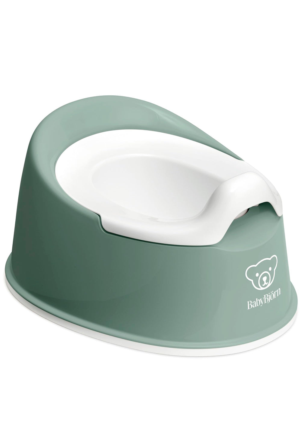BabyBjörn Smart Potty front view showing deep green seat and white base, easy placement benefit