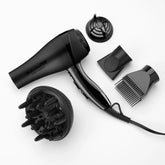 BaBylissPRO front view of black 2000W dryer showing controls and sleek design, speeds styling