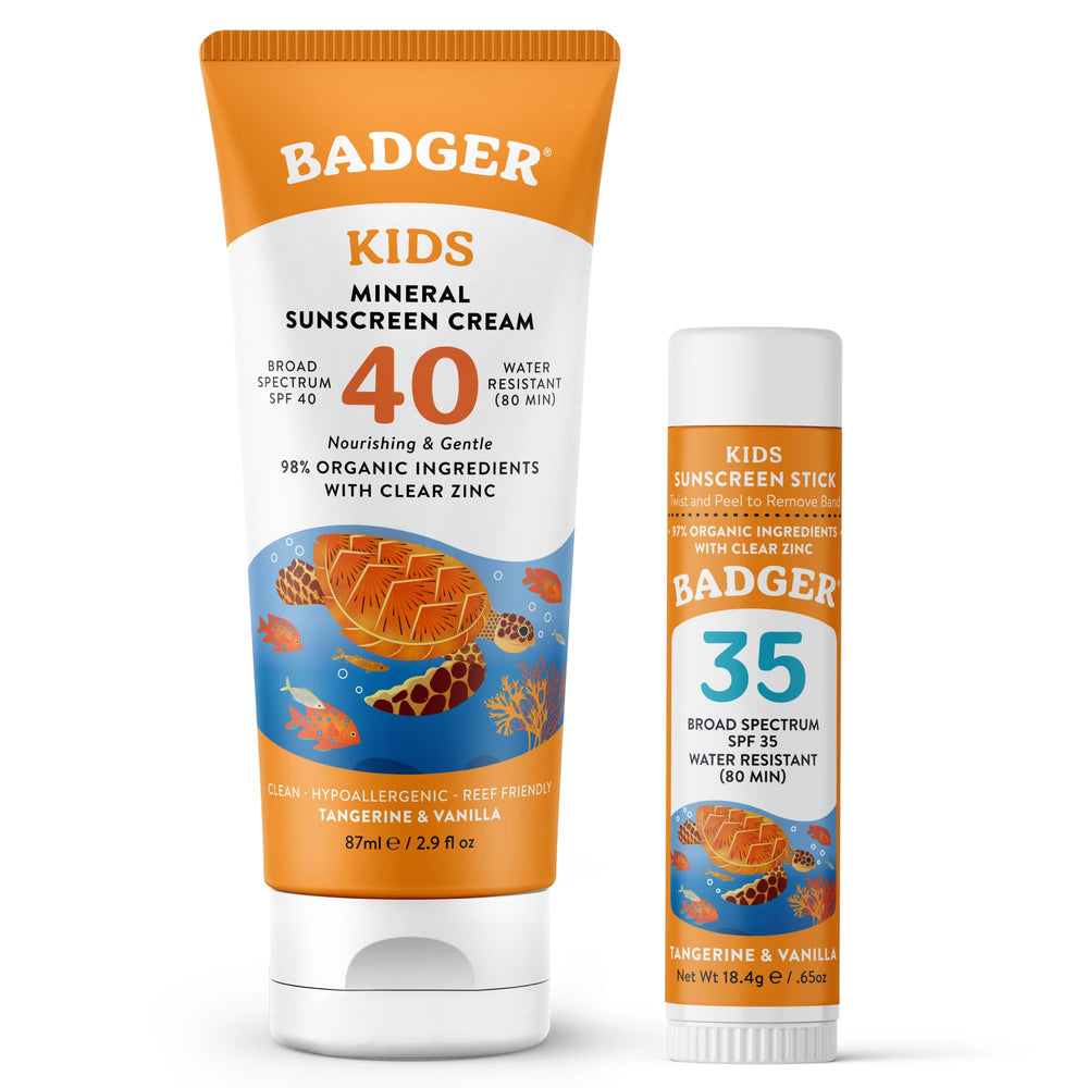 Badger packaging frontal del set mostrando crema y stick con protección completa