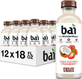 Bai bottle front view showing Shala Coconut Strawberry flavor and refreshing benefit