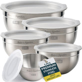 Baker's Signature front view of five stainless mixing bowls set showing lids and sizes for organized storage