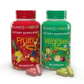 Balance of Nature bottle front showing Fruits & Veggies label and serving count benefit