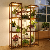 Bamworld plant stand front view showing full 10-tier display and warm lighting benefit