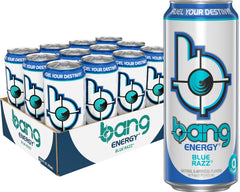 Bang lata frontal Blue Razz mostrando el diseño y beneficio sin calorías