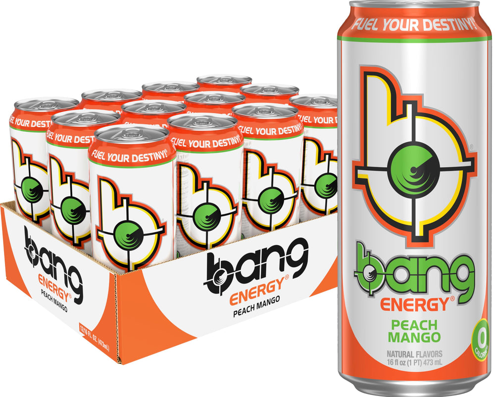 Bang lata Peach Mango al frente mostrando diseño y sabor frutal