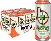Bang lata Peach Mango al frente mostrando diseño y sabor frutal