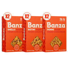 Banza front packaging variety pack showing multiple pasta shapes and bright orange box benefits