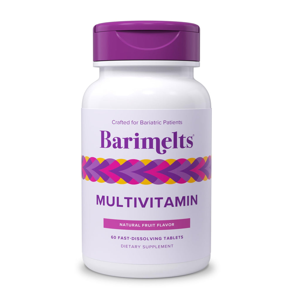 BariMelts frente del empaque mostrando 60 tabletas y sabor natural a fruta, práctico para postoperatorio
