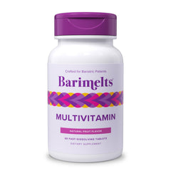BariMelts frente del empaque mostrando 60 tabletas y sabor natural a fruta, práctico para postoperatorio