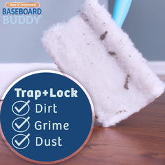 Baseboard Buddy en uso limpiando un zócalo, facilita eliminar polvo sin agacharse