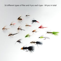 BASSDASH inside view with 64 assorted flies arranged for quick selection and clear pattern visibility