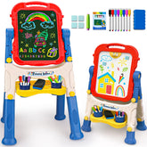 Basytodio front view of double-sided easel showing whiteboard and chalkboard, encourages creative play