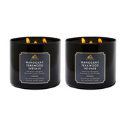 Bath & Body Works vela Mahogany Teakwood Intense frontal mostrando tarro decorativo y beneficio ambiental
