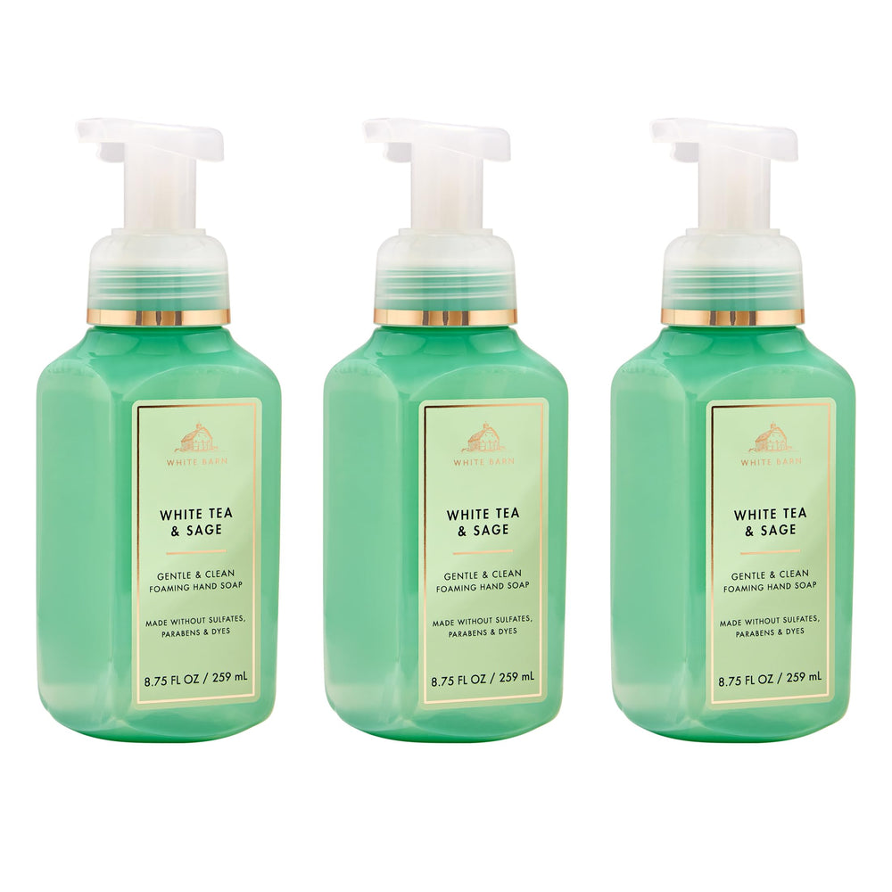 Bath & Body Works vista frontal del pack de tres con fragancia White Tea & Sage, presentación práctica
