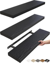 BAYKA front view of three black floating shelves showing modern benefit