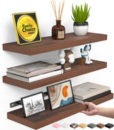 BAYKA front view of three walnut-like floating shelves, stylish storage