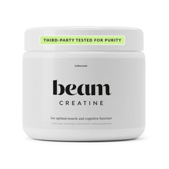 BEAM envase frontal limpio que muestra creatina pura y práctica