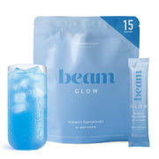 BEAM front packaging showing Glow supplement and benefits