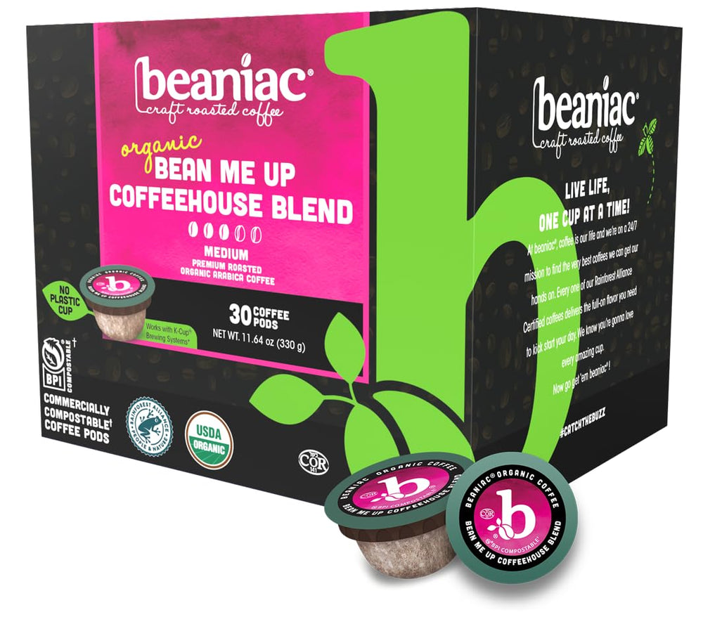 beaniac front packaging showing box and branding, highlights compostable pods benefit