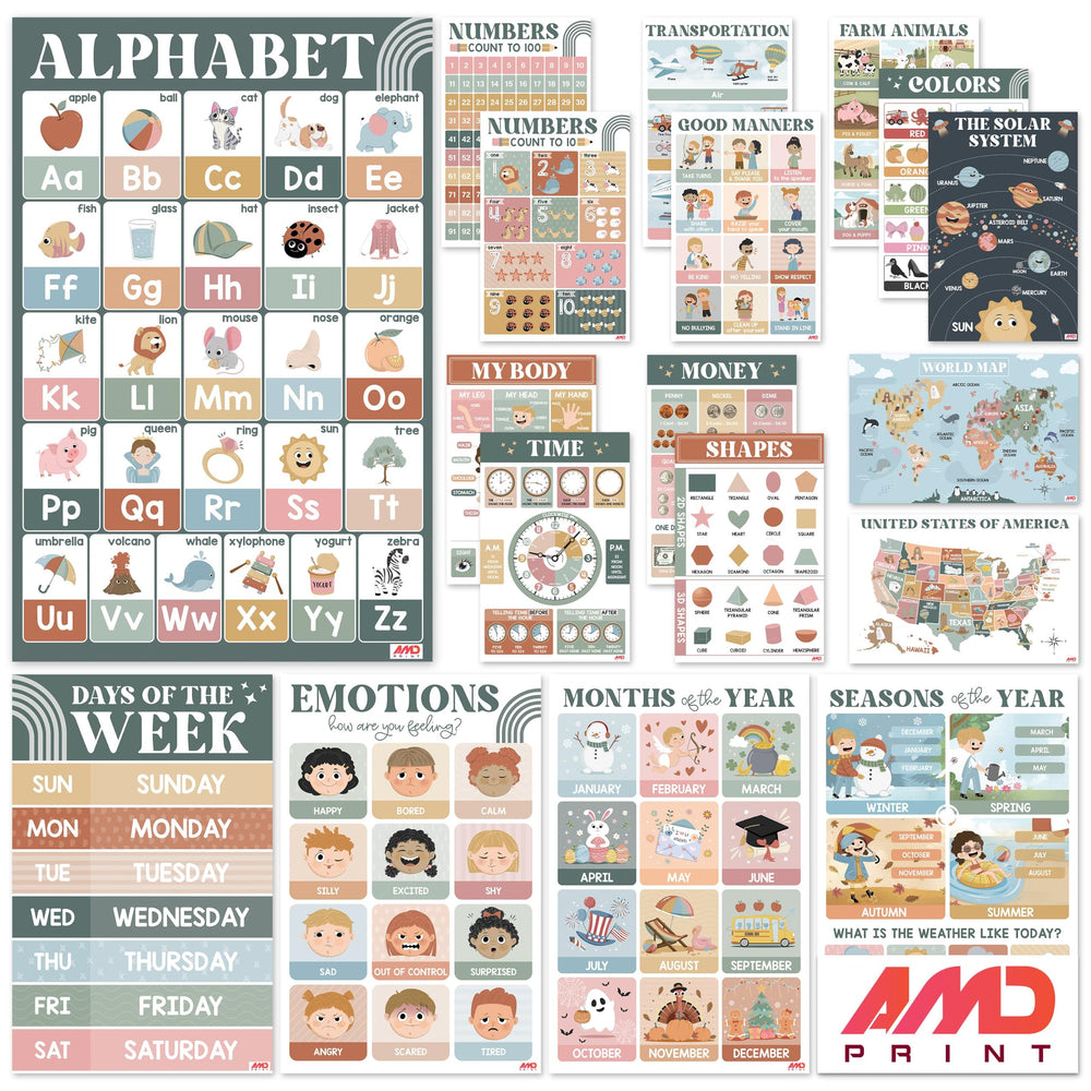 BEAWART vista frontal del pack de 18 carteles, colores claros y diseño boho para aula