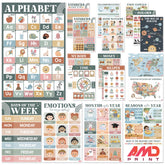 BEAWART vista frontal del pack de 18 carteles, colores claros y diseño boho para aula