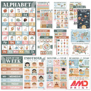 BEAWART vista frontal del pack de 18 carteles, colores claros y diseño boho para aula