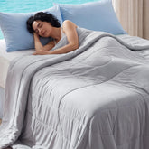 Bedsure comforter front view in grey showing full queen coverage and cooling benefit