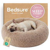 Bedsure front view of camel donut bed showing plush edge and inviting interior benefit comfort