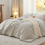 Bedsure vista frontal del juego de cama beige mostrando acabado acogedor