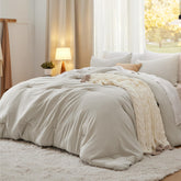 Bedsure front-view of beige king comforter showing full bed coverage and inviting look