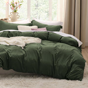 Bedsure olive green duvet cover front view showing calm color and neat fit