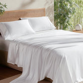 Bedsure king flat sheet displayed on bed showing smooth drape and cool feel