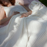 Bedsure queen blanket front view showing ivory waffle weave and airy look