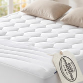 Bedsure front view of queen mattress pad showing neat fit and packaging benefit