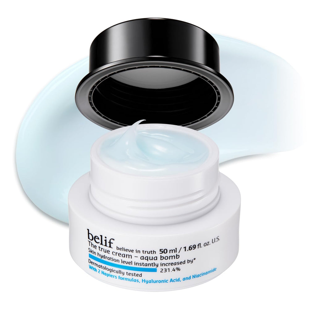 belif envase Aqua Bomb frente mostrando diseño y beneficio hidratación rápida