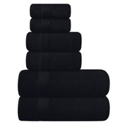 Belizzi Home front view of 6-pack black towels showing set and packaging, neat storage benefit