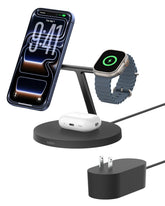 Belkin BoostCharge Pro front stand showing three-device layout and tidy charging
