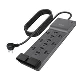 Belkin front view of 12-outlet power strip showing capacity and convenience
